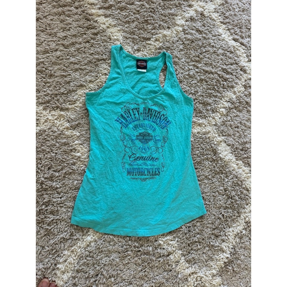 Harley-Davidson Fargo ND Teal Rhinestone Graphic Racerback Tank Top Small